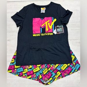 Intimo MTV Womens' Music Television Neon Cassette Tape Sleep Pajama Set Short